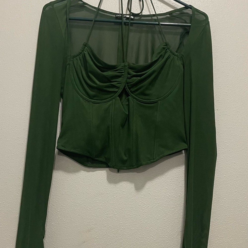 Fashion Nova Green Ruched Crop Blouse